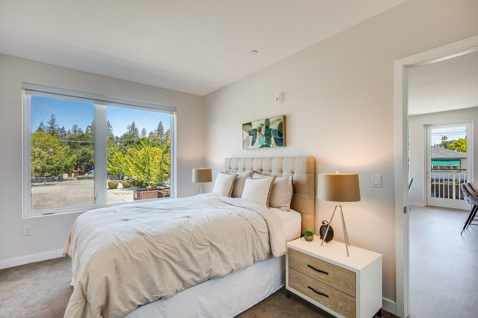 Two Bedroom Apartments in Menlo Park, CA - Realm - Bedroom with Large Window and Nightstand